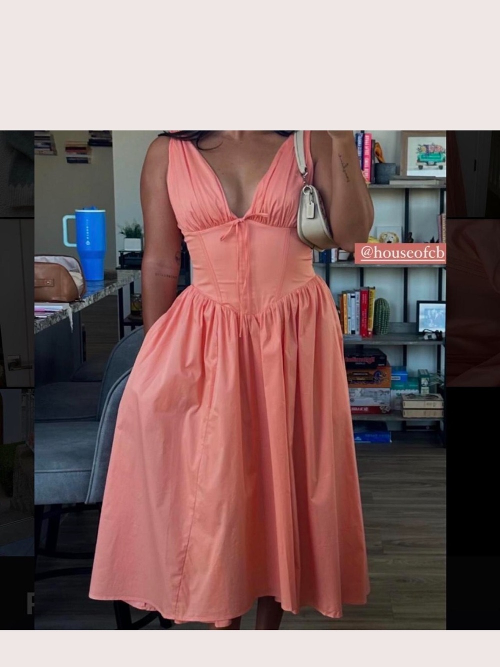 House of CB Coral-Peach Midi Dress with Corset Bodice